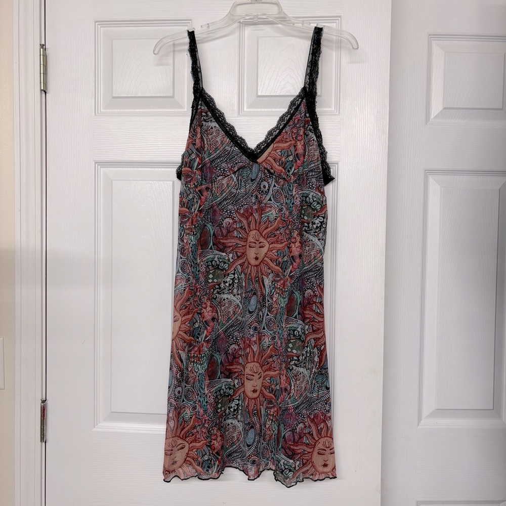 Celestial Print Lace Trim Slip Dress Grunge BoHo Hippie Fun Unique Sz M L - Picture 1 of 4